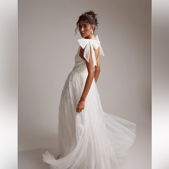 ASOS DESIGN Mila Floral Embellished Mesh Wedding Dress with Tie Straps in Ivory - Picture 3 of 8